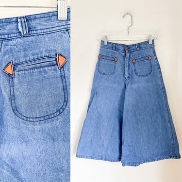 Vintage 1970s Wide Leg Cropped Culottes Denim Jeans / XS 