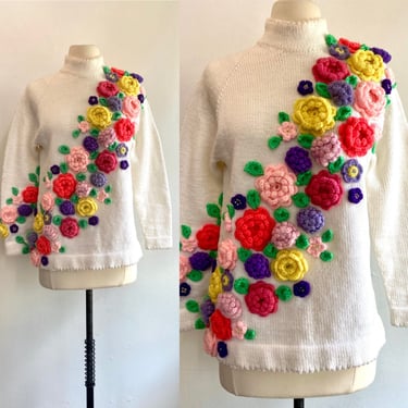 Colorful Vintage 60s Sweater with CROCHET FLOWER Embellishments / One-of-a-Kind 