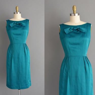 1950s vintage dress | Gorgeous Green Jewel Satin Cocktail Party Pencil Skirt Dress | Small | 50s dress 