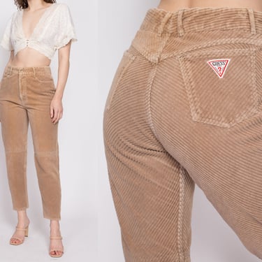 M| 90s Guess Tan Corduroy High Waisted Pants - Medium, 29" | Vintage Tapered Leg Zipper Ankle Trousers 