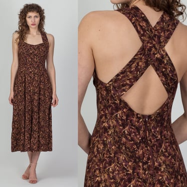 90s Cross Back Floral Midi Dress - Medium | Vintage Grunge Sweetheart Neck Sundress 