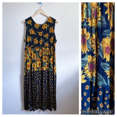 Vintage 90s Black Sunflower Tired Rayon Maxi Dress Large 