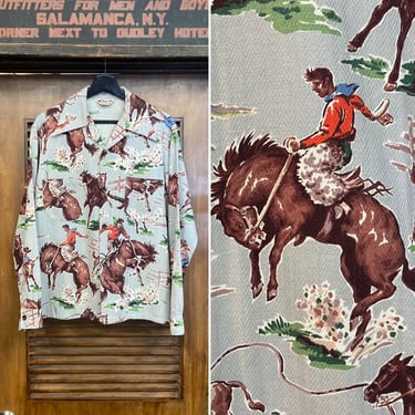 Vintage 1940’s “Del Mar” Western Cowboy Atomic Barkcloth Rockabilly Shirt, 40’s Vintage Clothing 