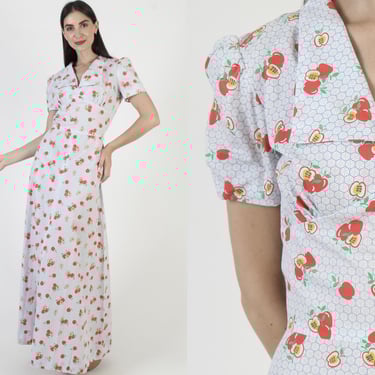 Apple Print Prairie Dress, Vintage 70s Sundress, Novelty Summer Fabric, Long Full Skirt 