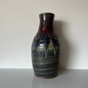 Vintage Art Studio Pottery Vase With Drip Glaze Design, Signed 