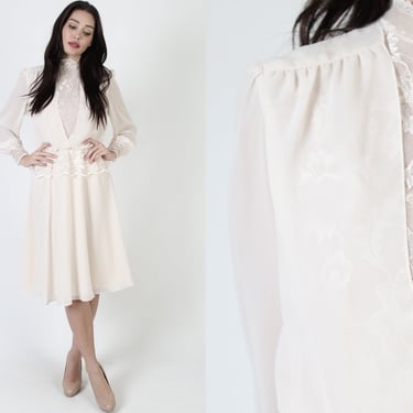 Light Pink Chiffon Bridal Dress / Sheer Wedding Peplum Floral Bridesmaids Outfit / Monochrome Lace Victorian Midi 