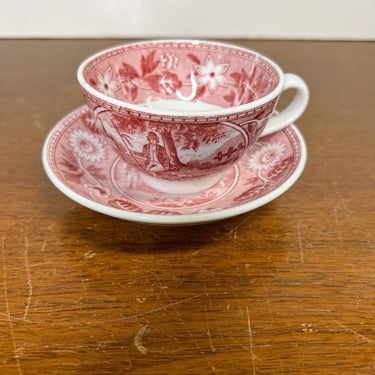 Vintage Red Transferware Societe Ceramique Maestricht Tea Drinker Cup and Saucer 