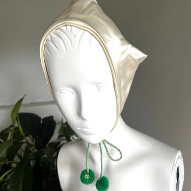 1950s Pixie Fairy Satin Hat with Pompons Vintage Size 22 Small Medium 