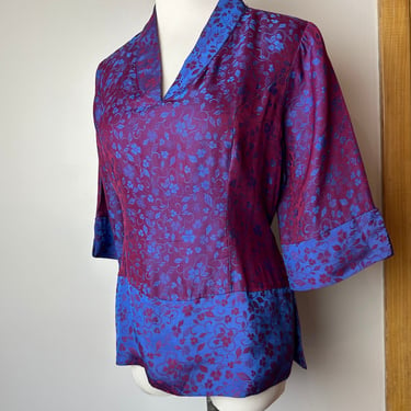 Beautiful all Silk iridescent contrast fuchsia & blue 2 tone blouse~ floral Asian top size M 