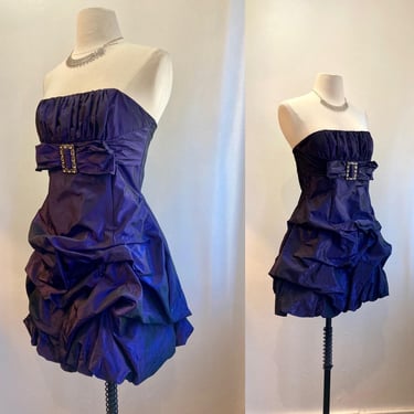 Vintage 80s PROM Dress / RHINESTONE Buckle + Bubble Hem + Strapless Shelf Bust / PURPLE Taffeta / Jessica McClintock 