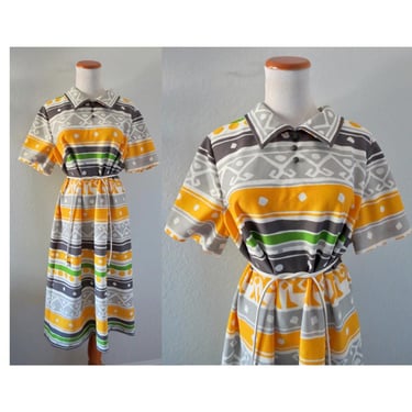 Vintage 60s Mod Shift Dress - Op Art Psychedelic Abstract Print Short Sleeve Collared Dress - Size XL 