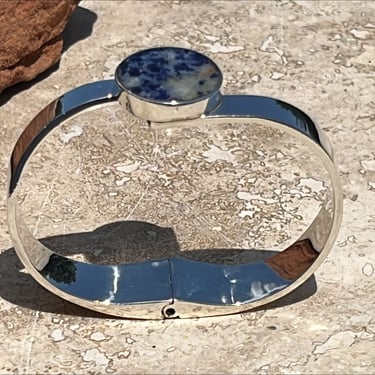 Vintage Mexico Sterling Silver and Sodalite Stone Hinged Bypass Bangle Bracelet 