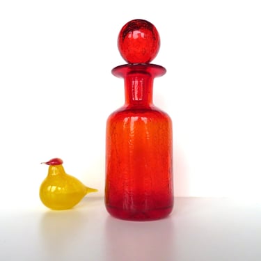 Small Red Orange Crackle Glass Decanter With Glass Ball Topper, 8 Inch Glass Art Bottle 