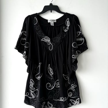 Vintage Lauren Michelle Blouse Black White Floral Embroidered Short Sleeve Knit Size XL 