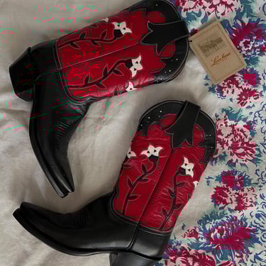 Lucchese Marlboro Leather Red and Black Floral Inset Design Boots size 7 
