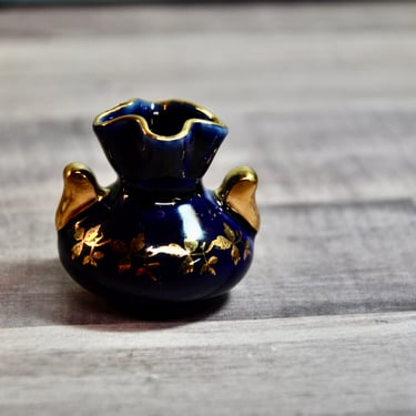 Limoges France Porcelain Cobalt Glue & Gold Gilded Miniature Mini Vase with Two Handles Ruffled Rim Rare Collectible Wonderful Gift 