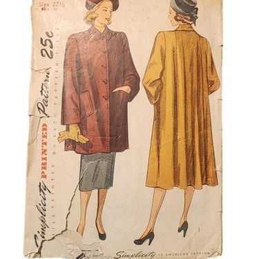 Vintage 40s Sewing Pattern: Womens Swing Coat Simplicity 2184 