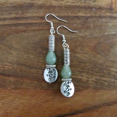Green jadeite boho chic earrings, silver 