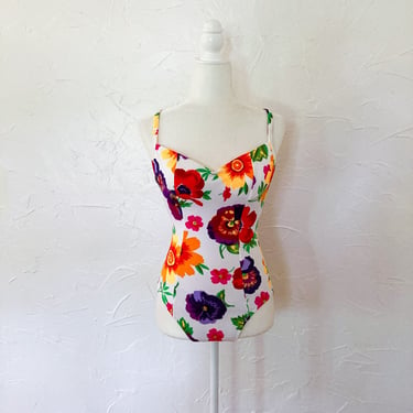 80s Bright Floral Pansy and White Sculpting One Piece Swimsuit | Extra Small/Small 