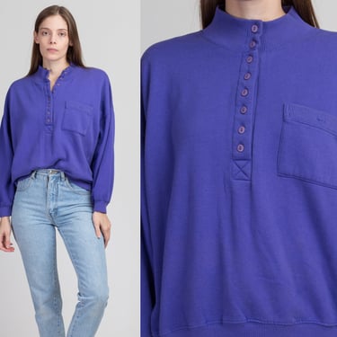 80s Purple Half Button Sweatshirt - Women's XL | Vintage Mockneck Slouchy Pullover Top 