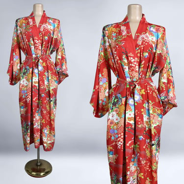 VINTAGE 70s Bold Red Rayon Japanese Kimono Robe with Belt | 1970s Red Asian Print Dressing Gown Robe | VFG 