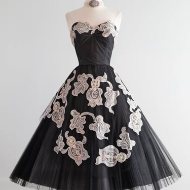 Exquisite 1950's Black Strapless Party Dress With Lace Appliqué & Embroidery By Alfandri / Small