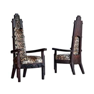 Pair of Restored Witco Tiki Throne Chairs in New Faux Leopard Fur 