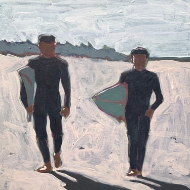 Surfers #10 - Original Acrylic Painting on Wood Panel 9 x 12, unique, michael van, small, gallery wall, coastal, men, surfing, ocean, beach 