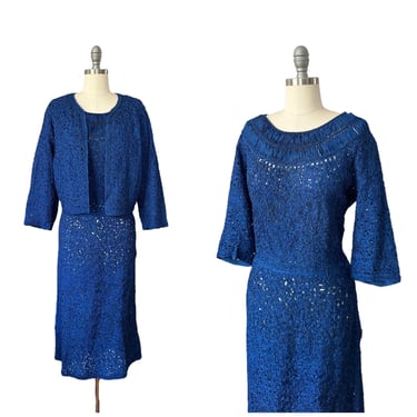 50s Cobalt Blue Woven Ribbon Dress & Jacket / 1950s Vintage Sheer Dress / XL / Size 16 