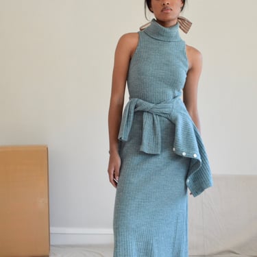sage green ribbed knit 70s maxi dress with matching cardigan 