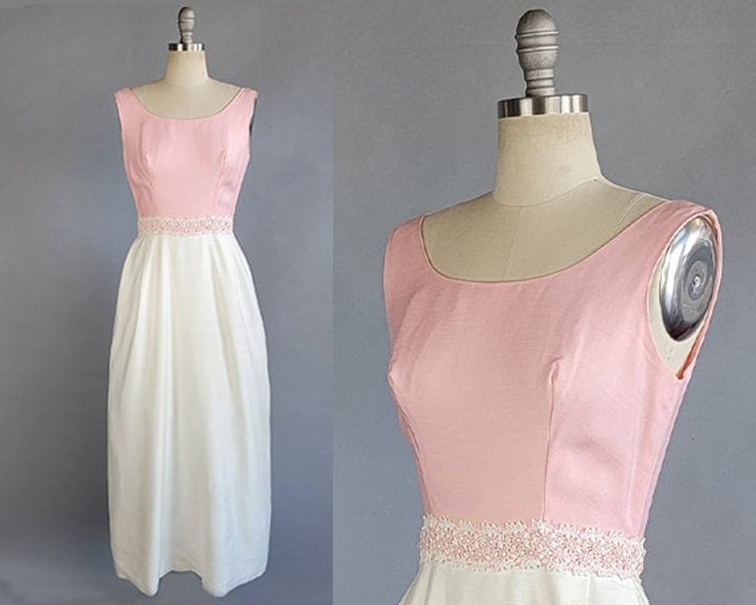 1960s Evening Dress / 1960s Pink and White Empire Waist Gown / 1960