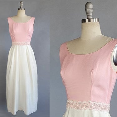1960s Evening Dress / 1960s Pink and White Empire Waist Gown / 1960s Pink  Dress / Size Small 