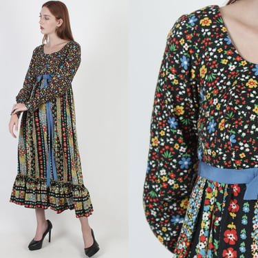 70s Miss Elliette Dress / Black Calico Floral Striped Prairie / Empire Bodice With Puff Sleeves / Womens Designer Casual Bohemian Maxi 