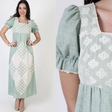 70s Quilt Square Americana Print / Rustic Long Bohemian Gown, Vintage Floral Crochet Lace Boho Wedding Dress 
