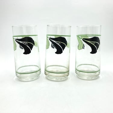 80s Black and Green Orchid Lilly Water Tumbler Glasses (3) Highball Cocktail Glass, Vintage Art Deco Style  Retro Glass, Barware, Drinkware 