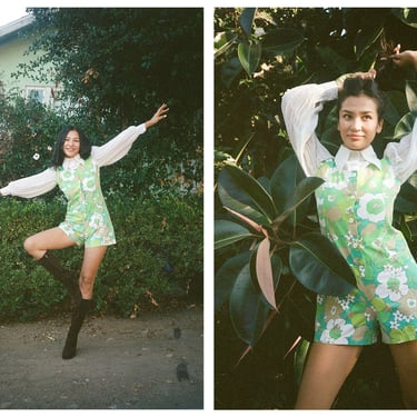 Vintage 1960s 60s Green Psychedelic Floral Short Sleeve Romper Jumpsuit Playsuit 