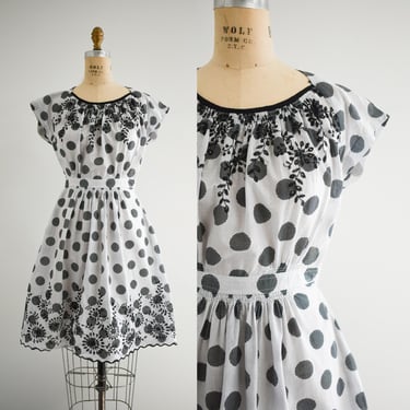 Vintage 1950s-Style Polka Dot Eyelet Dress 