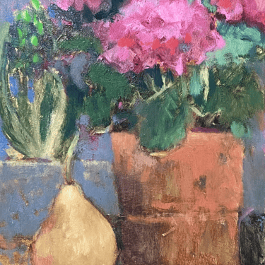 Elizabeth Hutchinson Painting - Pink Hydrangeas &amp; Pear