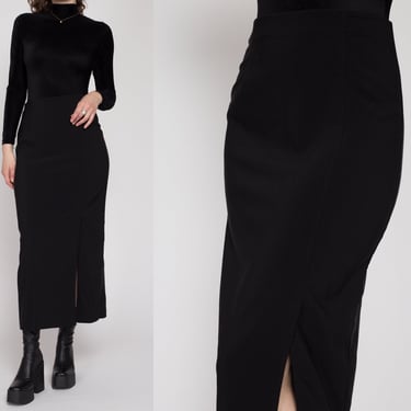 Medium 90s Minimalist Black Maxi Skirt | Vintage High Waisted Leg Slit Long Straight Skirt 