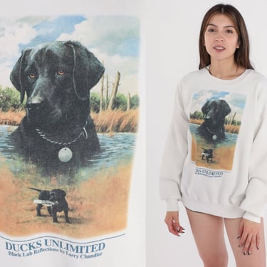 Black Lab Dog Sweatshirt 90s Labrador Retriever Sweater Ducks Unlimited Graphic Shirt Animal Art Larry Chandler White Vintage 1990s Large L 