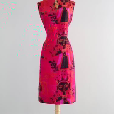 Fabulous 1960's Silk Shift Dress With Block Print Queen Motif / ML