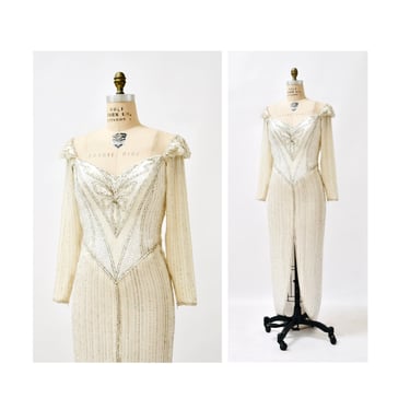 80s 90s Vintage Silver White Cream Beaded Sequin Gown Dress Small Medium By Bob Mackie Silk// Vintage Wedding Gown Sequin Beaded Silver Gown 