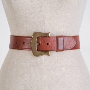 Vintage 90s Ralph Lauren Gingerbread Brown Leather Belt w/ Brass Logo Stamped Buckle | 100% Genuine Leather | 1990s RRL Designer Womens Belt 