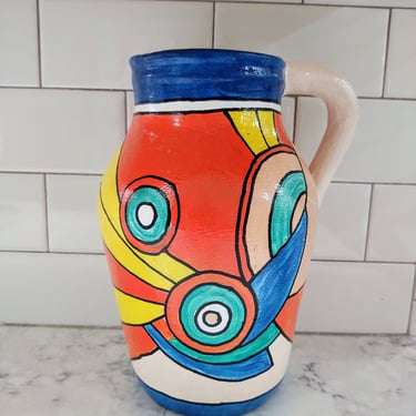 Bright Handpainted Large Vase / Pitcher Pottery 