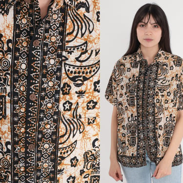 Indonesian Batik Blouse Y2K Button Up Shirt Abstract Stamp Sun Star Celestial Short Sleeve Top Retro Bohemian Cotton Vintage 00s Medium M 