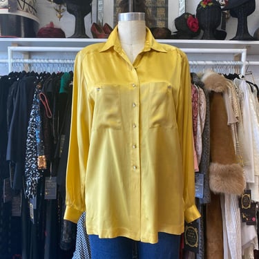 vintage 1980s yellow silk blouse, rhinestone buttons, liz claiborne, medium, 36 