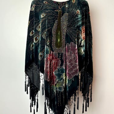 Lush Beaded Velvet peacock & feather print shawl poncho pullover top~ rich deep green colorful Art deco style ~embellished /open size 