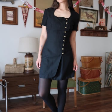 Vintage 90's La Belle Fashions Inc Black Asymmetrical Button Dress 