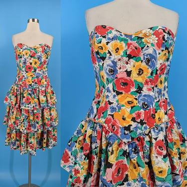 Vintage Eighties XS Floral Strapless Ruffle Dress with Rhinestones - 80s Strapless Party Dress with Boned Bodice 