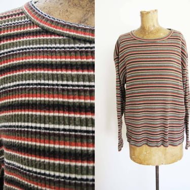 90s Brown Earth Tone Striped Ribbed Knit Long Sleeve Shirt M - 1990s Grunge Baggy Oversized Cozy Fall Cotton Top 